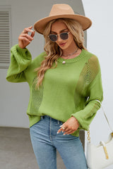 BEAUTIFUL I AM Openwork Round Neck Dropped Shoulder Knit Top Sweater