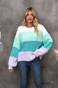 BEAUTIFUL I AM Color Block Round Neck Dropped Shoulder Sweater