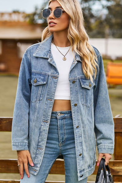 BEAUTIFUL I AM Buttoned Collared Neck Denim Packable Jacket with Pockets