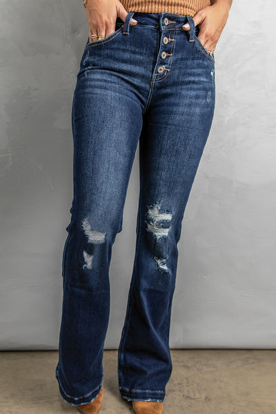 BEAUTIFUL I AM Button Fly Distressed Bootcut Jeans