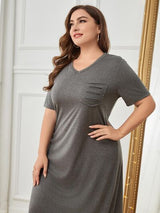 BEAUTIFUL I AM Plus Size Pocketed V-Neck Short Sleeve Lounge Dress