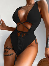 BEAUTIFUL I AM Ribbed Lace Up One-Piece Swimsuit Swim Set