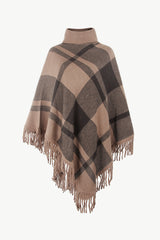 BEAUTIFUL I AM Plaid Turtleneck Fringe Hem Poncho