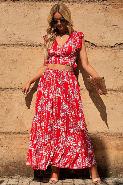 BEAUTIFUL I AM Printed Tie Back Cropped Top and Maxi Dress Set