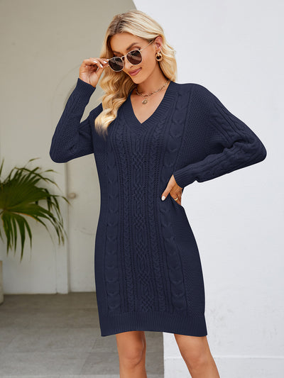 BEAUTIFUL I AM Cable-Knit V-Neck Mini Sweater Dress