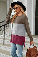 BEAUTIFUL I AM Color Block Round Neck Long Sleeve Slit Shirt