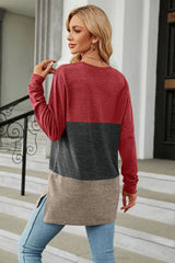 BEAUTIFUL I AM Color Block Round Neck Long Sleeve Slit Shirt