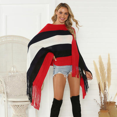 BEAUTIFUL I AM Striped Fringe Trim Poncho