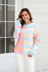 BEAUTIFUL I AM Round Neck Long Sleeve Color Block Dropped Shoulder Pullover Sweater