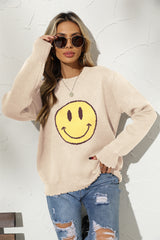 BEAUTIFUL I AM Round Neck Long Sleeve Smily Face Graphic Sweater