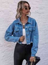 BEAUTIFUL I AM Raw Hem Collared Neck Denim Jacket