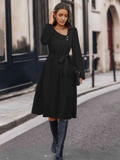 BEAUTIFUL I AM Buttoned Tie Front Long Sleeve Asymmetrical Neck Dress