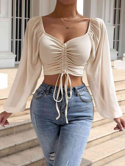 BEAUTIFUL I AM Drawstring Sweetheart Neck Cropped Top Shirt