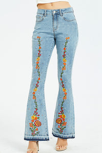 BEAUTIFUL I AM Full Size Flower Embroidery Wide Leg Jeans