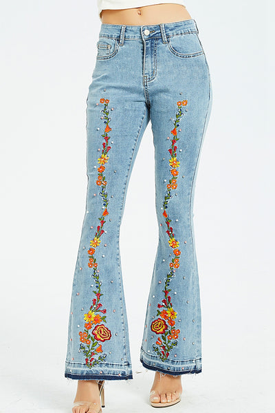 BEAUTIFUL I AM Full Size Flower Embroidery Wide Leg Jeans