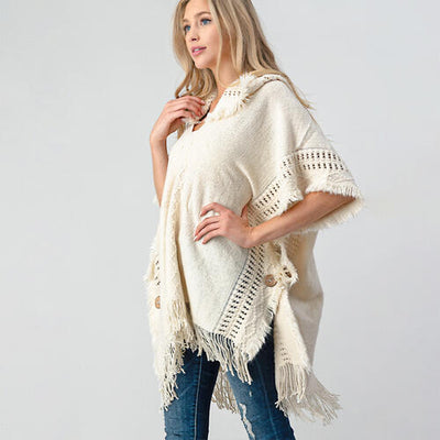 BEAUTIFUL I AM Fringed Crochet Buttoned Hooded Poncho