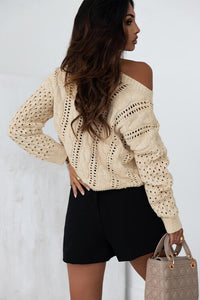 BEAUTIFUL I AM Full Size Openwork Cable-Knit Round Neck Knit Top Shirt