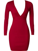 BEAUTIFUL I AM Ribbed Deep V Long Sleeve Mini Bandage Dress