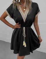 BEAUTIFUL I AM Contrast V-Neck Tassel Tie Dress