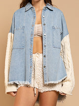 BEAUTIFUL I AM Cable-Knit Raw Hem Denim Jacket