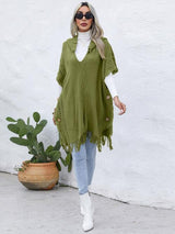 BEAUTIFUL I AM Fringe Trim Buttoned Hooded Poncho