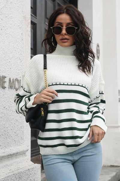 BEAUTIFUL I AM Striped Turtleneck Drop Shoulder Sweater