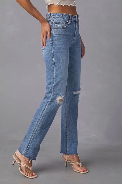 BEAUTIFUL I AM Distressed Raw Hem Straight Jeans with Pockets