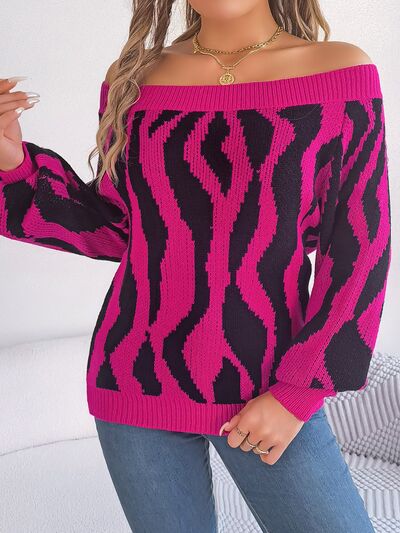 BEAUTIFUL I AM Off-Shoulder Animal Print Long Sleeve Sweater