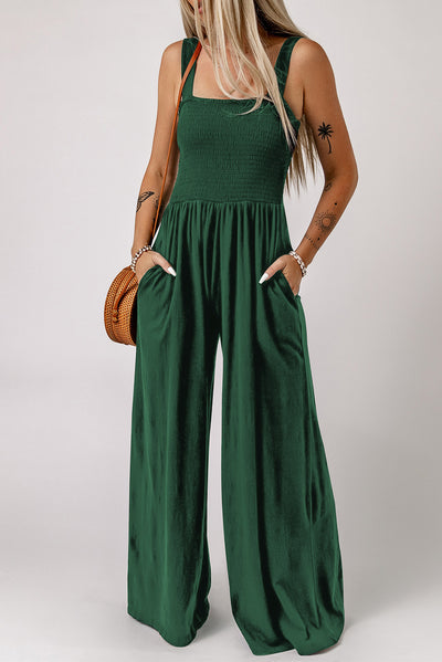 BEAUTIFUL I AM Smocked Square Neck Wide Leg Pants Jumpsuit with Pockets