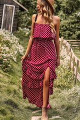 BEAUTIFUL I AM Polka Dot Strapless Slit Ruffled Maxi Dress