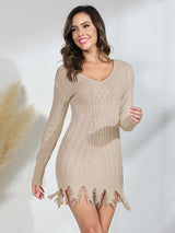 BEAUTIFUL I AM Frayed Hem Long Sleeve Sweater Dress