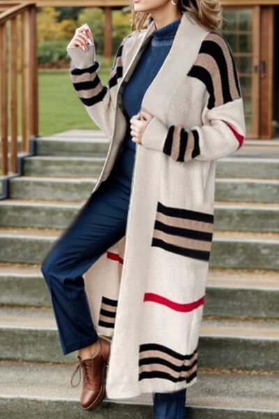 BEAUTIFUL I AM Striped Open Front Long Sleeve Longline Sweater Cardigan