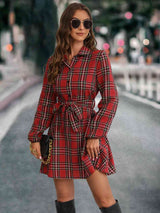 BEAUTIFUL I AM Plaid Tie Front Collared Neck Long Sleeve Dress