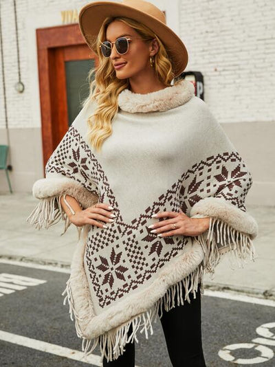 BEAUTIFUL I AM Fringe Geometric Cape Sleeve Poncho