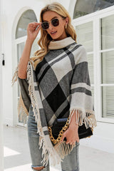 BEAUTIFUL I AM Plaid Turtleneck Fringe Hem Poncho