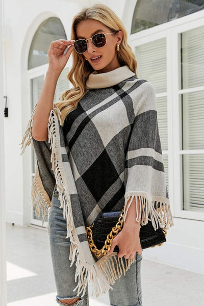 BEAUTIFUL I AM Plaid Turtleneck Fringe Hem Poncho