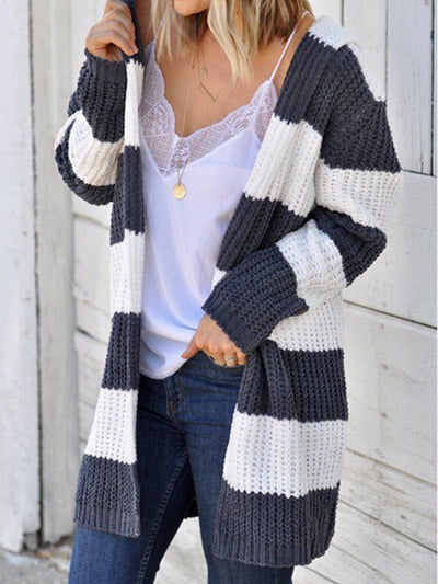 BEAUTIFUL I AM Striped Open Front Hooded Cardigan