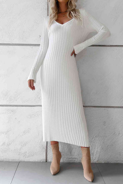 BEAUTIFUL I AM V-Neck Long Sleeve Ribbed Sweater Dress