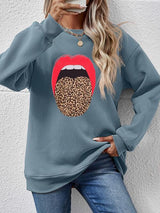 BEAUTIFUL I AM Leopard Lip Graphic Round Neck Sweatshirt