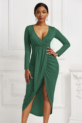 BEAUTIFUL I AM High-low Ruched Surplice Long Sleeve Dress