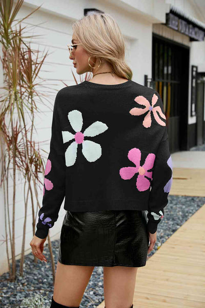 BEAUTIFUL I AM Flower Round Neck Drop Shoulder Sweater