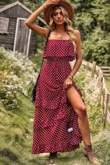 BEAUTIFUL I AM Polka Dot Strapless Slit Ruffled Maxi Dress