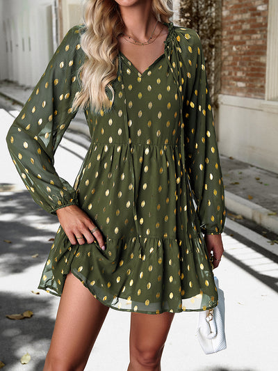 BEAUTIFUL I AM Tie Neck Long Sleeve Polka Dot Dress