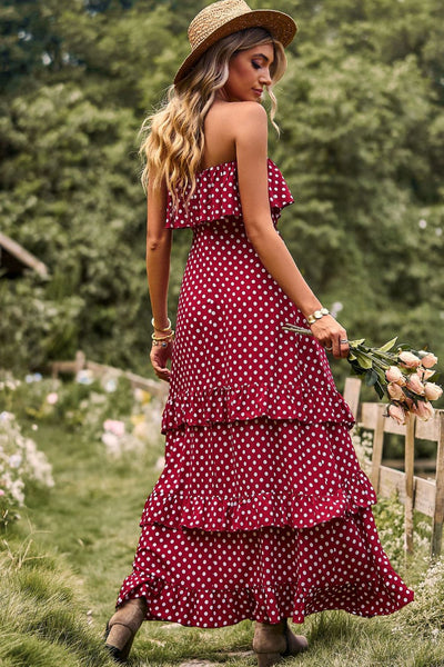 BEAUTIFUL I AM Polka Dot Strapless Slit Ruffled Maxi Dress