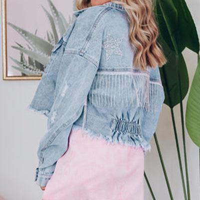 BEAUTIFUL I AM Distressed Raw Hem Denim Jacket