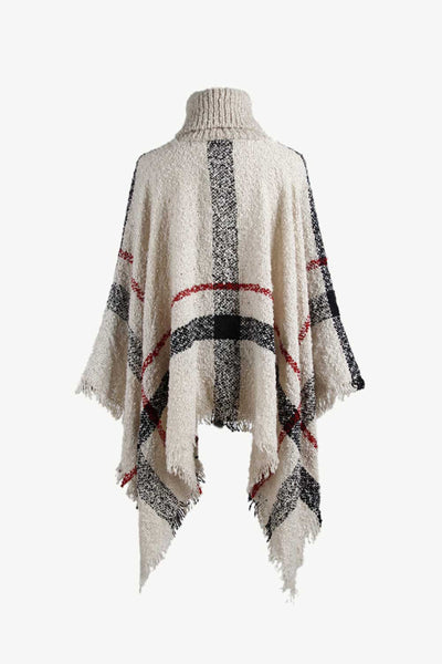 BEAUTIFUL I AM Plaid Turtleneck Raw Hem Poncho