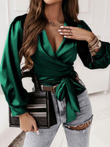 BEAUTIFUL I AM Surplice Tie Front Long Sleeve Blouse Shirt