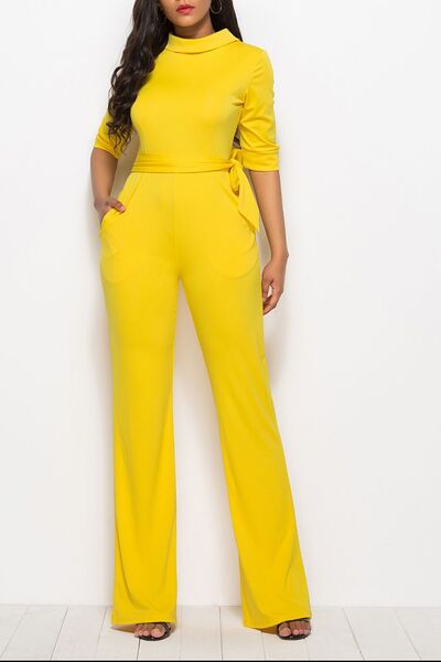 BEAUTIFUL I AM Mock Neck Tie-Waist Half Sleeve Pants Jumpsuit