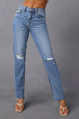 BEAUTIFUL I AM Distressed Raw Hem Straight Jeans with Pockets