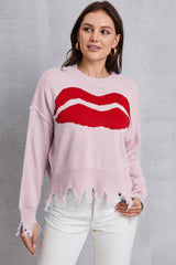 BEAUTIFUL I AM Lip Fringe Round Neck Sweater